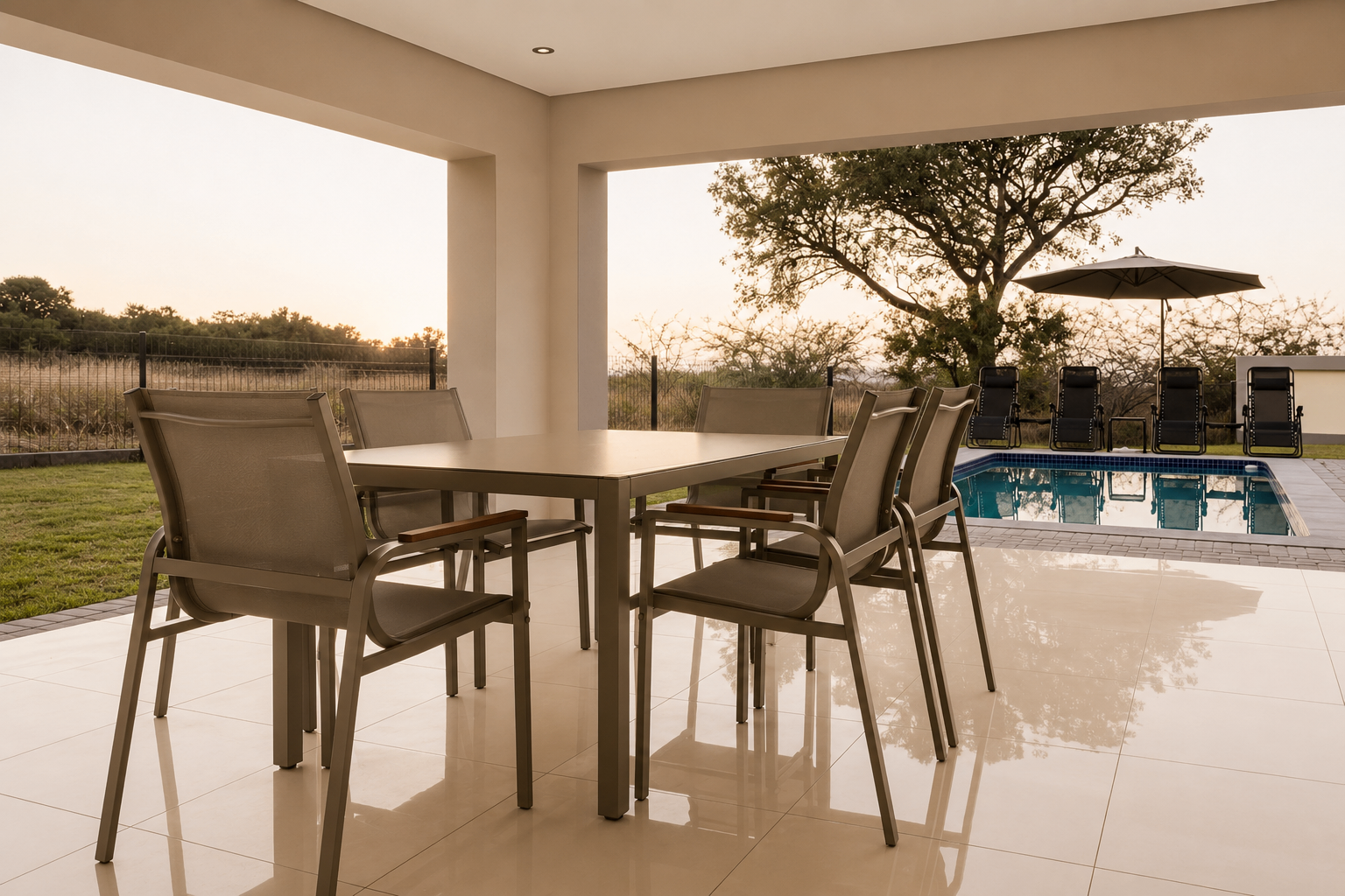 Patio dining table with pool and sunset in the background
